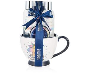BRUBAKER Cosmetics - Coffret de bain & beauté - Vanille/Lavande - 5 Pièces - Tasse à café XXL incl. - Bleu/Blanc/Licorne arc-en-ciel - Idée cadeau Femme
