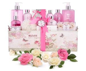 BRUBAKER Cosmetics - Coffret de bain & douche - Jardin fleuri/Rose - 17 Pièces - Boîte vintage décorative - Idée cadeau