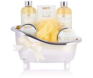 BRUBAKER Cosmetics - Coffret de bain - Vanille - 7 Pièces - Baignoire décorative - Argenté/Jaune - Idée cadeau