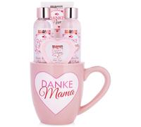 BRUBAKER Cosmetics - Merci maman - Set de bain et de douche 5 pièces pour la Fête des Mères - Parfum de rose et de vanille - Set cadeau dans un mug avec décoration en forme de cœur