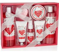 BRUBAKER Cosmetics Set de 8 pièces pour le bain et la douche Fraise Sweet Love dans un panier en bois décoratif - Set de soins avec design floral - Rose