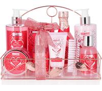 BRUBAKER Cosmetics Set de bain et de douche 10 pièces Framboise Champagne - Set de soins Set cadeau dans étagère de bain en métal rose or
