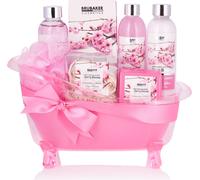 BRUBAKER Cosmetics Set de bain et de douche Fleur de cerisier - Set cadeau de 8 pièces dans une baignoire décorative