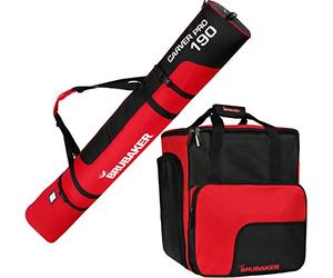 BRUBAKER Ensemble Sac de Ski et Sac à Chaussures de Ski pour 1 Paire de Skis jusqu'à 190 cm + bâtons + Chaussures + Casque Noir/Rouge