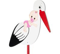 BRUBAKER Grande cigogne en bois avec bébé rose - Cigogne à clipser pour l'intérieur et l'extérieur - Naissance bébé cigogne pour fille - Cadeau de naissance 100 cm de haut, imprimé des deux côtés