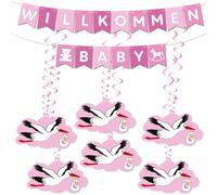 BRUBAKER Guirlande de bienvenue pour bébé fille - Chaîne de fanions avec pendentifs cigogne - Set de décoration pour la maison, fête de bébé et décoration de chambre de bébé, rose