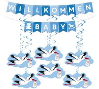 BRUBAKER Guirlande de bienvenue pour bébé garçon - Chaîne de fanions avec pendentifs cigogne - Set de décoration pour la maison, fête de bébé et décoration de chambre de bébé, bleu