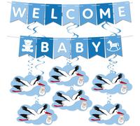 BRUBAKER Guirlande Welcome Baby pour garçons et filles - Chaîne de fanions avec cigogne - Set de décoration pour la maison, baby shower, décoration de chambre de bébé, bleu