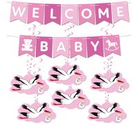 BRUBAKER Guirlande Welcome Baby pour garçons et filles - Chaîne de fanions avec cigogne - Set de décoration pour la maison, fête de bébé, décoration de chambre de bébé, rose