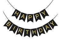 BRUBAKER Happy Birthday - Chaîne de fanions d'anniversaire noir et or - Bannière de fête 5 mètres - Guirlande d'anniversaire pour table d'anniversaire et décoration