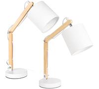 BRUBAKER - Lampe de bureau/de table/de chevet - Lot de 2 - Bras articulé réglable - Design moderne - Hauteur jusqu'à 52 cm - Bras en Bois - Abat-jour en Tissu/Blanc