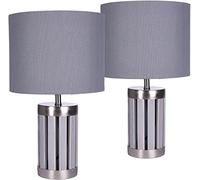 BRUBAKER - Lampe de table/de chevet - Lot de 2 - Design moderne - Hauteur 33 cm - Pied en Bois & Métal/Gris - Abat-jour en Tissu/Gris