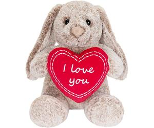 BRUBAKER Lapin en Peluche - Doudou avec Cœur Rouge et Oreilles Tombantes - I Love You - 28 cm Cadeau en Peluche - Peluche Douceur Gris Marron