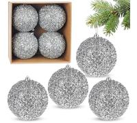 Brubaker - Lot de 4 grandes boules de Noël en glitter - Boules de sapin de Noël incassables de 10 cm en plastique - Décoration de sapin de Noël - Boules de Noël - Argent