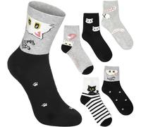 BRUBAKER Lot de 5 paires de chaussettes chat - Love My Cats - Lot de chaussettes douillettes amusantes pour femme - Feel Good avec motif chat - Douces et douillettes - Rose, noir, gris et blanc