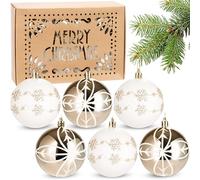 BRUBAKER Lot de 6 boules de Noël - 8 cm - Boules de Noël incassables en plastique - Décoration de Noël dans une boîte cadeau Merry Christmas - Boules de sapin de Noël peintes à la main - Blanc et