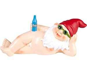 BRUBAKER Nain de Jardin Nu Couché - Nain Naturiste avec Bière et Lunettes de Soleil - Figure de Jardin Provocante Nudiste - Drôle Décoration Résistante aux Intempéries pour Extérieur 24 cm