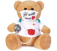 BRUBAKER Ours en Peluche avec Masque Chirurgical et Stéthoscope - Gute Besserung Allemand - 35 cm - Teddy Bear avec Chemise de Médecin en Blanc - Nounours en Peluche - Marron Clair