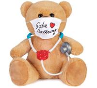 BRUBAKER Ours en Peluche avec Masque et Stéthoscope - Gute Besserung - 35 cm Nounours Médecin - Peluche Câlin - Brun/Marron Clair