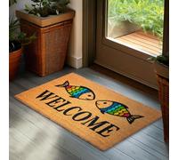 BRUBAKER Paillasson pour Extérieur et Intérieur - Welcome avec Poissons Arc-en-Ciel - 45 x 75 cm Tapis de Propreté 100% Coco - Imperméable et Antidérapant pour Porte de Maison, Jardin et Terrasse
