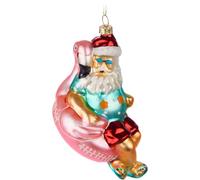 BRUBAKER Père Noël en vacances - Boule de Noël en verre peinte à la main - Père Noël sur flamant rose - Bouée de natation rose avec lunettes de soleil - Décoration de Noël - Figurines amusantes
