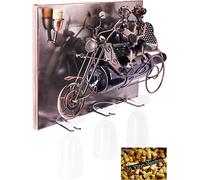 BRUBAKER - Porte-Bouteille de vin & 3 Porte-Verres - Couple à Moto - Art Mural 3D / Métal - Carte de vœux Incluse - Idée Cadeau Originale - Objet décoratif