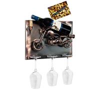BRUBAKER - Porte-Bouteille de vin & 3 Porte-Verres - Moto - Art Mural 3D / Métal - Carte de vœux Incluse - Idée Cadeau Originale - Objet décoratif