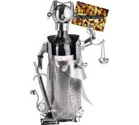 BRUBAKER Porte-bouteille de vin Justitia argent - Sculpture en métal Porte-bouteille - Cadeau de vin en métal pour juriste, juge, avocat, cabinet d'avocat - avec carte de vœux