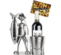 BRUBAKER Porte-Bouteilles à Vin Grande Prise Pêcheur avec Poisson, Canne à pêche et Seau - Porte-Bouteilles en Métal Pêche - 30 cm Cadeau Vin Pêche - Porte-Bouteilles Décoration avec Carte de Voeux
