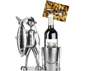 BRUBAKER Porte-Bouteilles à Vin 'Grande Prise' Pêcheur - Décoration Métal avec Poisson, Canne à Pêche et Seau - 30 cm Cadeau Vin - Carte de Voeux Incluse