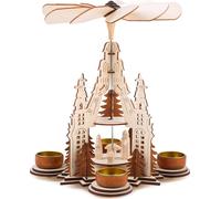 BRUBAKER Pyramide de Noël 29 cm - Marie, Joseph et Jésus - 2 étages - Pyramide de bougies à chauffe-plat avec 4 porte-bougies à chauffe-plat en métal - Bois naturel - Personnages sculptés