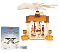 BRUBAKER Pyramide de Noël avec Lot de 12 Bougies Chauffe-Plat - Carrousel Rotatif à Un Niveau avec Jésus, Marie, Joseph et l'Étoile de Bethléem - 28 cm Crèche Peinte à la Main - Naturel