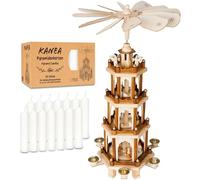 BRUBAKER Pyramide de Noël avec Lot de 50 Bougies Blanches - Carrousel Rotatif à Quatre Niveaux avec Figurines en Bois Peintes à la Main - Décoration de Noël de 60 cm - Finition Naturelle
