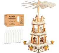 BRUBAKER Pyramide de Noël avec Lot de 50 Bougies Blanches - Carrousel Rotatif à Trois Niveaux avec Figurines en Bois Peintes à la Main - Décoration de Fête de 45 cm - Finition Naturelle
