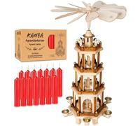BRUBAKER Pyramide de Noël avec Lot de 50 Bougies Rouges - Carrousel Rotatif à Quatre Niveaux avec Figurines en Bois Peintes à la Main - Décoration de Noël de 60 cm - Finition Naturelle