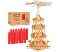 BRUBAKER Pyramide de Noël avec Lot de 50 Bougies Rouges - Carrousel Rotatif à Quatre Niveaux avec Figurines en Bois Peintes à la Main - Décoration de Noël de 55 cm - Finition Naturelle