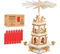 BRUBAKER Pyramide de Noël avec Lot de 50 Bougies Rouges - Carrousel Rotatif à Trois Niveaux avec Figurines en Bois Peintes à la Main - Décoration de Fête de 45 cm - Finition Naturelle