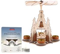 BRUBAKER Pyramide de Noël cathédrale avec lot de 12 bougies chauffe-plat pyramides - Pyramide en bois de 29 cm avec Marie, Joseph et Jésus - Pyramide pour bougie chauffe-plat pour Noël - Peinte à la