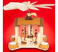 BRUBAKER Pyramide de Noël en Bois - Crèche avec Jésus, Marie et Joseph - Modèle de 28 cm entièrement en Bois pour 4 Bougies Pyramidales - Idéal pour la Décoration Festive à la Maison