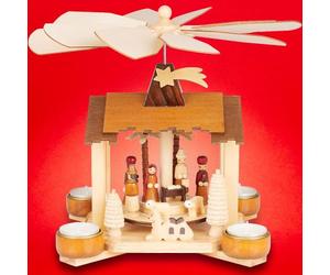 BRUBAKER Pyramide de Noël en Bois - Crèche avec Jésus, Marie et Joseph - Modèle de 28 cm entièrement en Bois pour 4 Bougies Pyramidales - Idéal pour la Décoration Festive à la Maison
