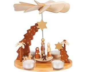 BRUBAKER Pyramide de Noël - Étoile de Bethléem, Jésus, Marie, Joseph et Berger - Modèle de 22 cm en Bois - Pyramide de Table Rotative pour 4 Bougies Chauffe-Plat - Peinte à la Main