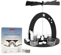 BRUBAKER Pyramide de Noël Noire avec Lot de 12 Bougies Chauffantes - Carrousel Rotatif à Un Niveau avec Marie, Joseph et Jésus et 4 Bougeoirs en Verre - 22 cm Peinte à la Main