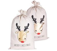 BRUBAKER Sac de Noël Renne Or - Joyeux Noël - 80 cm Sac Cadeau de Noël - Sac de Coton de Saint Nicolas avec Cordelette pour Emballer les Cadeaux - Tête de Renne - 2 pièces
