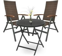 BRUBAKER Salon de Jardin Modena - 1 Table Pliante en Verre Ronde de 70 cm Ø avec 2 Chaises à Dossier Haut - Métal - Gris-Brun