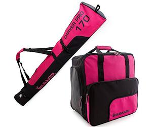 BRUBAKER Série limitée - Sac à Chaussures de Ski 'Super Function 2.0' et Housse à Skis 'Carver Pro 2.0' pour 1 Paire de Skis + Bâtons + Chaussures + Casque - 170 cm - Fuchsia Flou/Noir