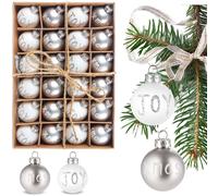 BRUBAKER Set de 24 boules de Noël Joy & Xmas - 3 cm Mini boules de Noël - Décoration d'arbre de Noël peinte à la main - Boules d'arbre incassables, argent et blanc