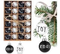 BRUBAKER Set de 24 boules de Noël Joy & Xmas - 3 cm Mini boules de Noël - Décoration d'arbre de Noël peinte à la main - Boules d'arbre incassables, noir et blanc