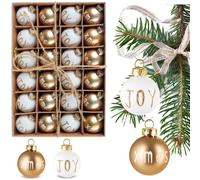 BRUBAKER Set de 24 boules de Noël Joy & Xmas - 3 cm Mini boules de Noël - Décorations de Noël peintes à la main - Boules de Noël incassables, or et blanc