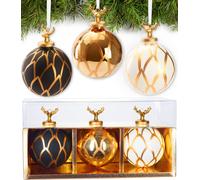BRUBAKER Set de 3 boules de Noël en verre - Set doré avec figurines à tête de cerf en porcelaine - Boules de Noël premium avec design de feuilles