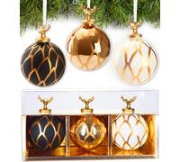 BRUBAKER Set de 3 Boules de Noël en Verre - Set Or avec Figurines Tête de Cerf en Porcelaine - Boules d'arbre Premium avec Design Feuille - Décoration de Noël Peinte à la Main - 8 cm